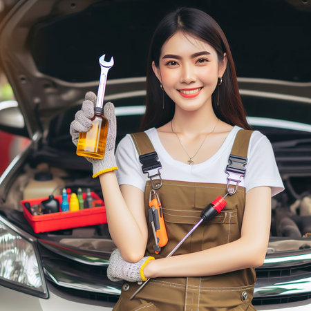Asian car mechanic holds a wrench and a bottle of lure oil, ready to repair the carの素材