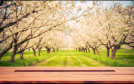 wooden rustic table in front of spring cherry blossoms tree. vintage filtered imageの素材
