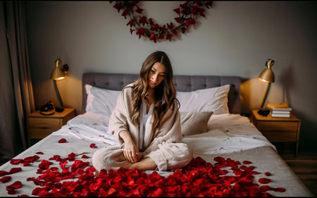 A romantic scene with scattered rose petals on the bedの素材