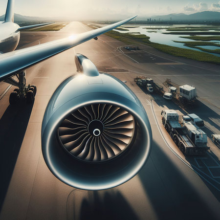 Wing of airplane turbine detail on airport in field standby or wait passenger. View from the topの素材