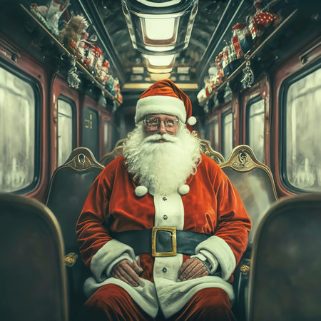 Santa claus traveling by trainの素材