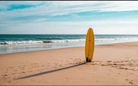 Surf board stand in a white beach sand on a sea coast. White mist, loneliness conceptの素材