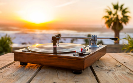 Close-up of turntable retro vinyl record player on wooden table against sunny sunset backdropの素材