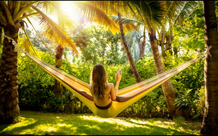 Woman having rest in colorful hammock in tropical garden while relaxing in vacationの素材