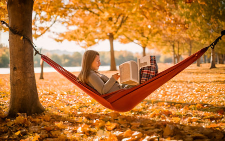 Fall Retreat Person Relaxing on a Hammock, Engrossed in a Book amid Vibrant Autumn Leavesの素材
