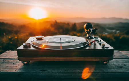 Close-up of turntable retro vinyl record player on wooden table against sunny sunset backdropの素材