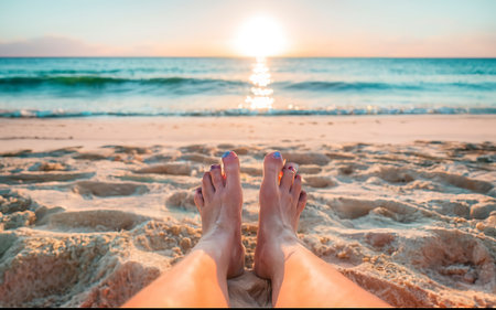 Female feet on white sandy beach background the seaの素材