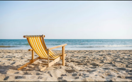 Deck chair on the beach. Summer scene with sand. Enjoying the sea. Minimal compositionの素材