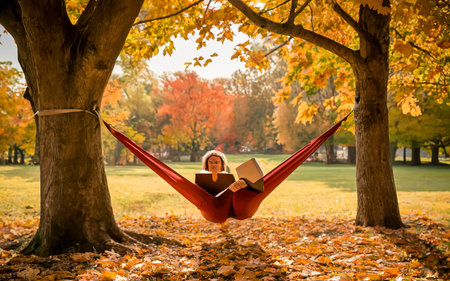 Fall Retreat Person Relaxing on a Hammock, Engrossed in a Book amid Vibrant Autumn Leavesの素材