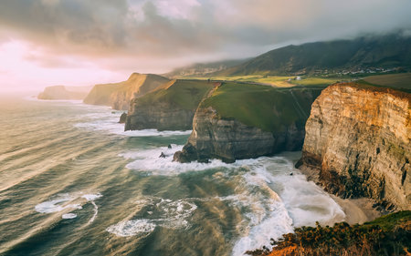 Serene ocean coastline with white mist. Tranquil landscapeの素材