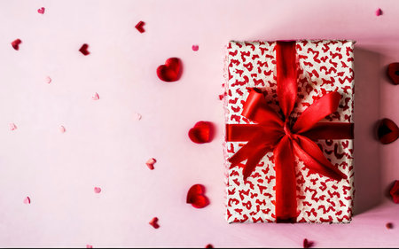 Elegant gift box with red ribbon. Girly pink background with hearts. Romantic gifts conceptの素材