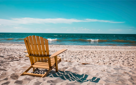 Wooden deck chair on a sandy beach in front of the seaの素材