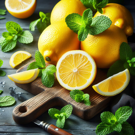 Juicy yellow lemons whole and cut with fresh mint leavesの素材