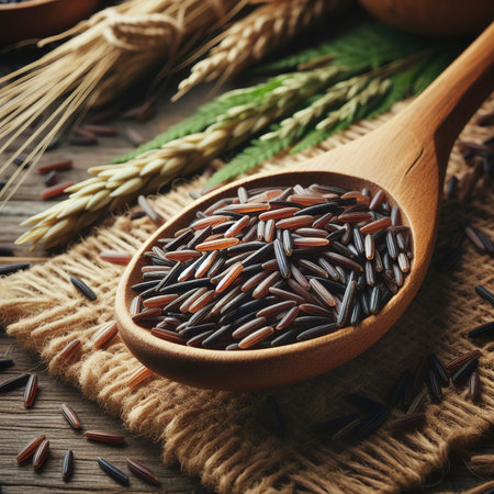 Raw wild rice in a wooden spoonの素材