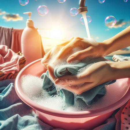 Female Hand washing clothes in the pink basin with clear Bubble soap against blue sky and sunlightの素材