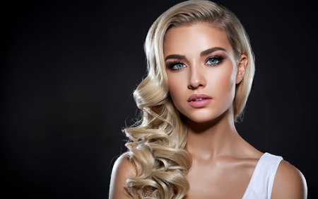 Face girl for magazine cover. Girl face portrait in your advertisnent.Hairdresser and barberの素材