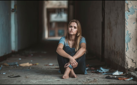 Lonely girl sitting on dirty floorの素材