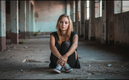 Lonely girl sitting on dirty floorの素材