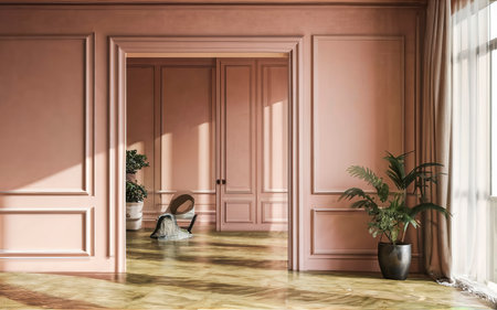 Peach fizz colored interior, empty room with door, lots of sunlight. Minimalistic contemporary conceptの素材