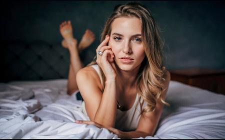 Studio portrait of young beautiful woman on bedの素材