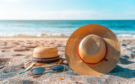 The concept of beach holidays and tourism. Straw hat, slates and shorts on a pebble beach by the sea. Summer holidaysの素材