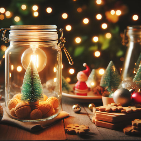 Merry Christmas and happy new year concept, Light bulb and small Christmas tree in glass jarの素材