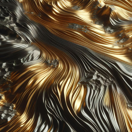 metal surface streaks of gold wrinkled steel surface glossy surface 3d illustrationの素材