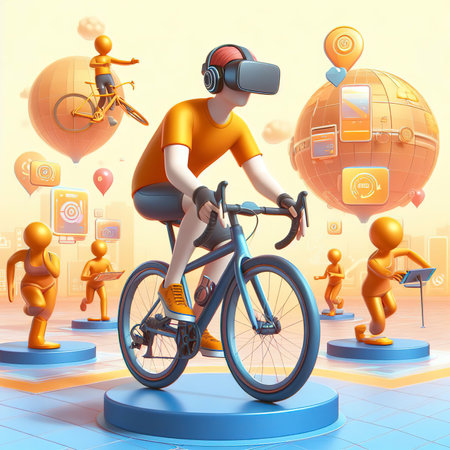 Metaverse Avatars VR Goggles Exercise Cycling Cycling Metaverse 3D Illustrations World Activities and Gamesの素材