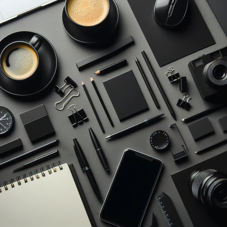 Minimal Office desk table top view with office supply and coffee cup on a black table with copy spaceの素材