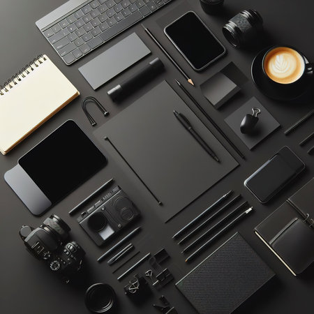 Minimal Office desk table top view with office supply and coffee cup on a black table with copy spaceの素材