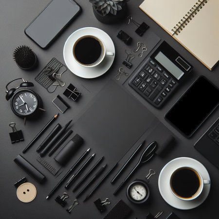 Minimal Office desk table top view with office supply and coffee cup on a black table with copy spaceの素材