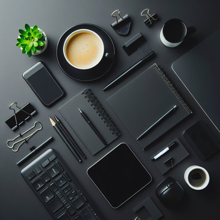 Minimal Office desk table top view with office supply and coffee cup on a black table with copy spaceの素材