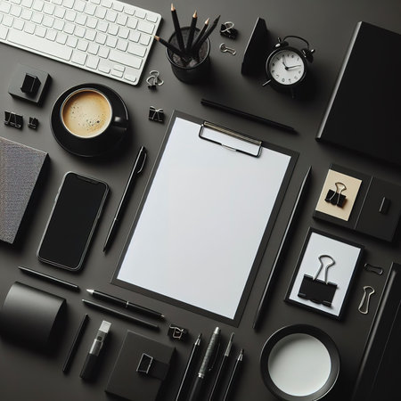 Minimal Office desk table top view with office supply and coffee cup on a black table with copy spaceの素材