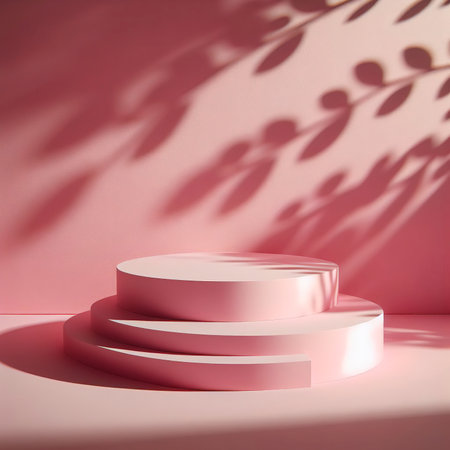 Minimalism style podium in pink pastel color with tree or plant shadow lighting backgroundの素材