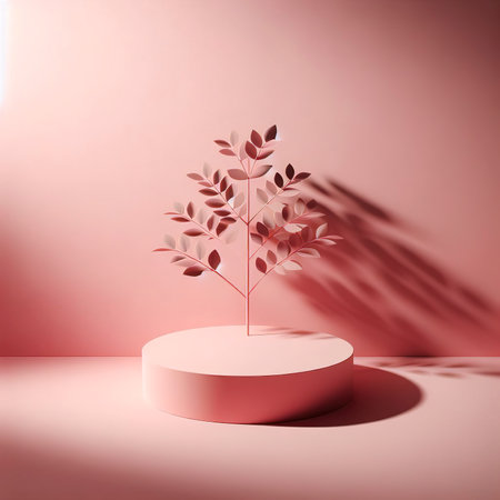 Minimalism style podium in pink pastel color with tree or plant shadow lighting backgroundの素材