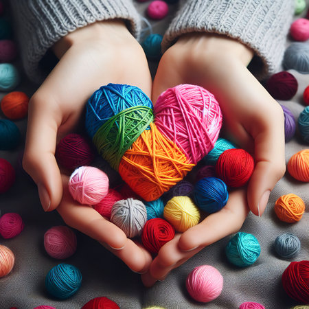 Mixed colors yarn heart on giving hands. Close up of colorful handmade. Healthy heart donation and health care conceptの素材