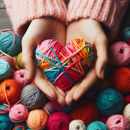 Mixed colors yarn heart on giving hands. Close up of colorful handmade. Healthy heart donation and health care conceptの素材