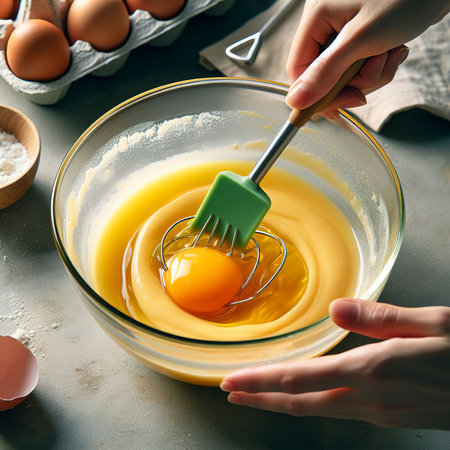 Mixing egg yolk into cake batter with green rubber spatula mixer tool stirring until smooth and blend well in a glass bowlの素材