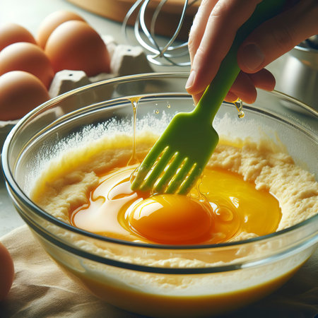 Mixing egg yolk into cake batter with green rubber spatula mixer tool stirring until smooth and blend well in a glass bowlの素材