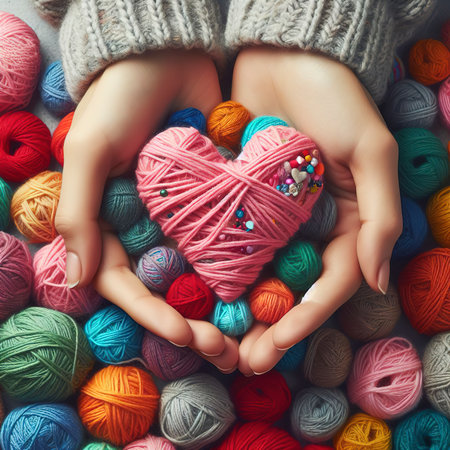 Mixed colors yarn heart on giving hands. Close up of colorful handmade. Healthy heart donation and health care conceptの素材