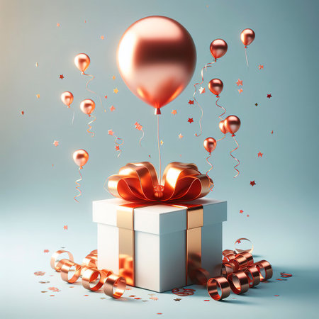 gift box with a balloon floating in the air and space for textの素材