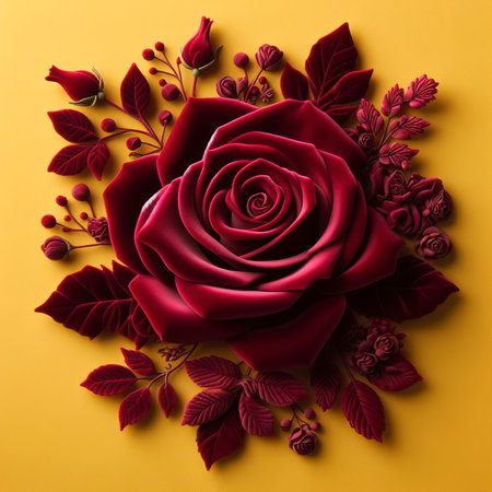 Velvet burgundy red rose on a yellow backgroundの素材