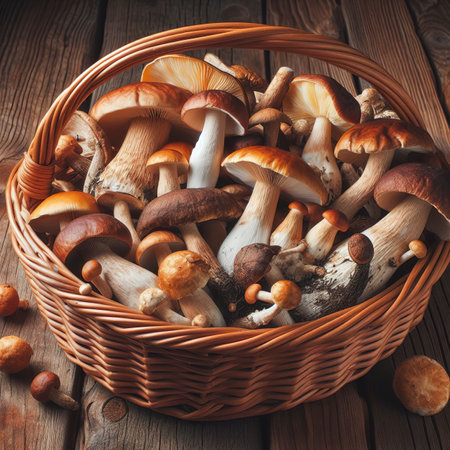 a bunch of fresh harvested forest mushrooms in a basket on a wooden tableの素材