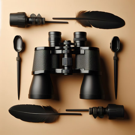 Binoculars black on a beige background. Top view, flat layの素材