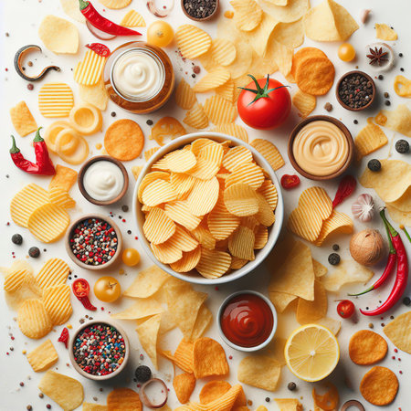 Chips are scattered on a white background. Top view, flat layの素材