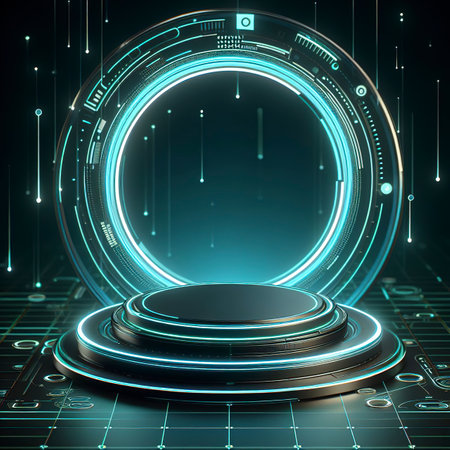 Modern round product showcase sci-fi podium with blue green glowing light neon frame backgroundの素材