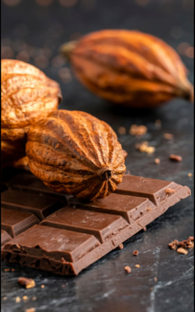 Chocolate sweet, cocoa pod and food dessert backgroundの素材