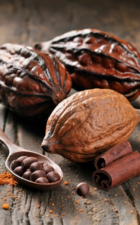 Chocolate sweet, cocoa pod and food dessert backgroundの素材