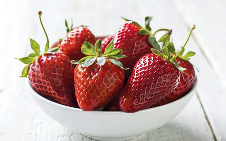 Farm fresh ripe red strawberries with attached green stalks served whole in a plain white bowlの素材