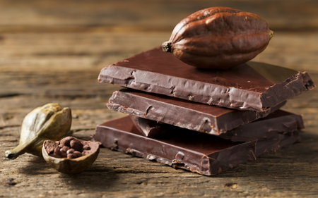 Dark homemade chocolate bars and cocoa pod on woodenの素材